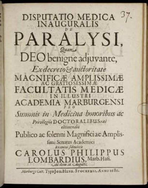 Disputatio Medica Inauguralis De Paralysi
