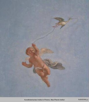 Freskendekoration mit Ruinenlandschaft und Statuen : Freskendekoration mit fliegenden Putten
