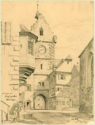 Überlingen Ansicht Barfüssertor mit Ecke Seitenschiff Barfüsserkirche rechts im Vordergrund
