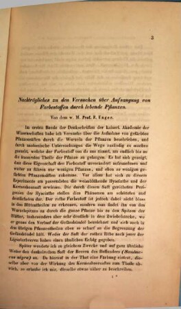Nachträgliches zu den Versuchen über Aufsaugung von Farbestoffen durch lebende Pflanzen : (Aus dem Jännerhefte des Jahrganges 1853 der Sitzungsberichte der mathem.-naturw. Classe der kais. Akademie der Wissenschaften [X. Bd. S. 117] besonders abgedruckt)
