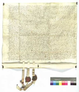 Weiprecht von Finsterlohr zu Laudenbach verkauft an Georg von Hohelohe das Dorf Pfitzingen; Siegel: Weiprecht von Finsterlohr, Philipp von Berlichingen, Philipp Schletzheim.