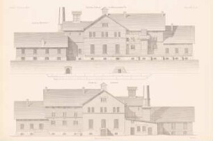 Spiritusfabrik, Mikultschitz: Vorderansicht, Rückansicht (aus: Atlas zur Zeitschrift für Bauwesen, hrsg. v. G. Erbkam, Jg. 23, 1873)