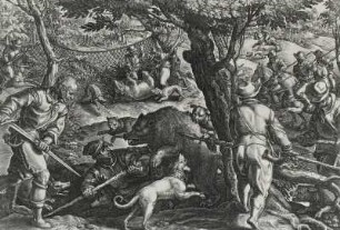Bärenhatz mit Jagdspießen, Jagdschwert und Netzen : Straet, Jan van der: Bärenhatz mit Jagdspießen, Jagdschwert und Netzen. 1578. Kupferstich; 212 x 293 mm. Dresden: Kupferstich-Kabinett A 45107 in A 1262,2 (Stradanus Bd. III)
