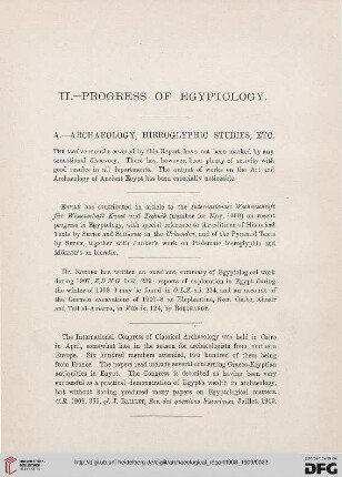 Progress of Egyptology : archaeology, hieroglyphic studies, etc.