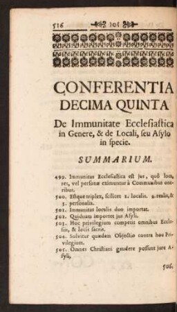 Conferentia Decima Quinta De Immunitate Ecclesiastica in Genere, & de Locali, seu Asylo in specie