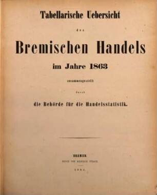 Tabellarische Übersicht des bremischen Handels : im Jahre .... 1863