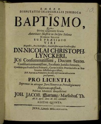 Disputatio Inauguralis Iuridica De Baptismo