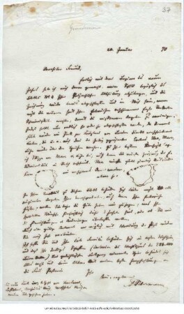 Brief von August Petermann von Justus Perthes' Geographische Anstalt  an Reinhold Grundemann : [Gotha], 20.01.1870 ; Kopie