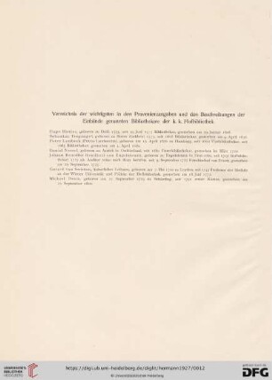 Verzeichnis der wichtigsten in den Provenienzangaben und den Beschreibungen der Einbände genannten Bibliothekare der k.k. Hofbibliothek