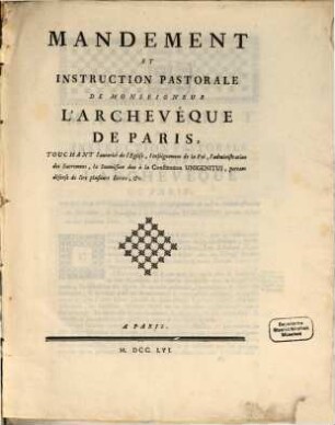 Mandement de l'Archeveque de Paris touchant l'autorité de l'eglise