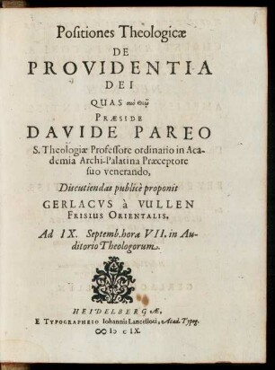 Positiones Theologicae De Providentia Dei