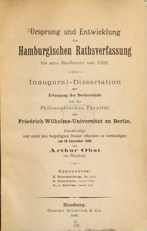 Ursprung und Entwicklung der Hamburgischen Rathsverfassung bis zum Stadtrecht von 1292