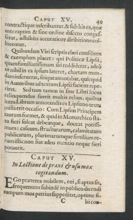 Caput XV. In Lectione de praxi & usu mox cogitandum.