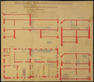 Bad Gottleuba, Heilstätte Gottleuba, Waschanstalt. Grundriss, Längs- und Querschnitte, Schilling & Graebner, Dresden, um 1910. Lichtpause mit Korrekturen und Ergänzungen, teilweise koloriert, Bleistift, Tinte/Papier. 55 x 42 cm. Maßstab 1 : 50. Bez.: "Plan zur Einrichtung der Waschanstalt in der Heilstätte Gottleuba. Maschinenfabrik von Oscar Schimmel & Co A. G. Chemnitz. No. 2776"