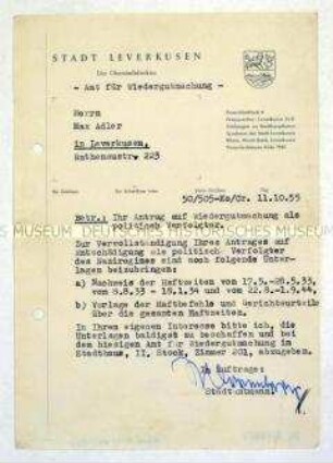 Schreiben des Amtes für Wiedergutmachung mit der Aufforderung zur Vorlage weiterer Unterlagen über Verurteilungen und Haftzeiten während der NS-Herrschaft - Personenkonvolut