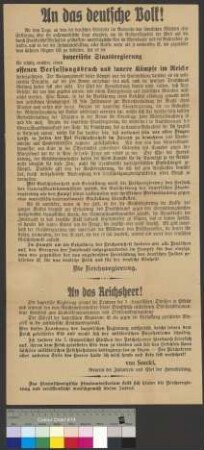 Veröffentlichung eines Aufrufs der Reichsregierung und der Herresleitung zu den politischen Unruhen und dem Bruch der Reichsverfassung in Bayern im Zuge des Kapp-Putsches durch das Braunschweigische Staatsministerium