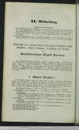 II. Abtheilung. Verzeichniß der evangelisch-lutherischen Geistlichen, Kirchschullehrer, Lehrer, Cantoren, Organisten und Kirchner im Kreisdirections-Bezirk Dresden