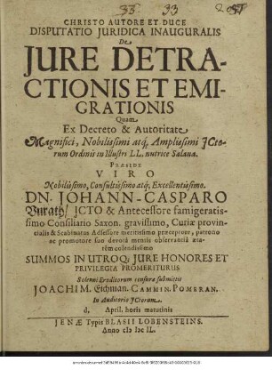 Disputatio Iuridica Inauguralis De Iure Detractionis Et Emigrationis