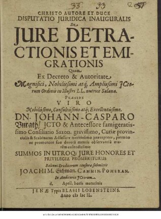 Disputatio Iuridica Inauguralis De Iure Detractionis Et Emigrationis