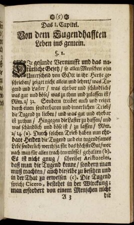 Das I. Capitel. Von dem Tugendhafften Leben ins gemein