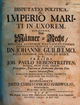 Disputatio Politica, De Imperio Mariti In Uxorem, Germanice, Vom Männer-Recht