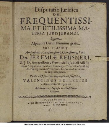 Disputatio Iuridica De Frequentissima Et Utilissima Materia Iurisiurandi