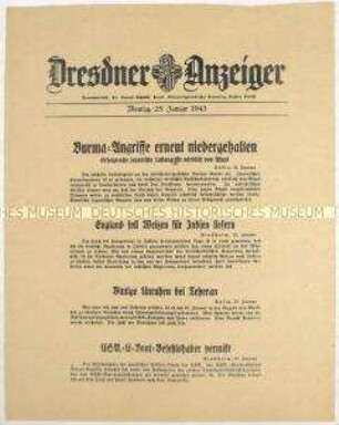 Nachrichtenblatt "Dresdner Anzeiger" u.a. zu japanischen Luftangriffen auf Burma