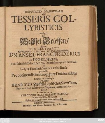 Disputatio Inauguralis De Tesseris Collybisticis vulgo von Wechsel-Brieffen