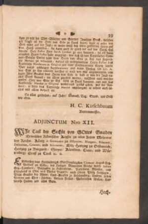 Adjunctum Nro XII. Wir Carl der Sechste von Gottes Gnaden ...