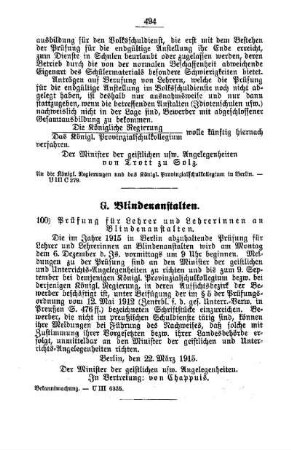 Prüfung der Lehrer und Lehrerinnen an Blindenanstalten : [G. Blindenanstalten]