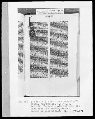 Lateinische Taschenbibel — Initiale E (t haec sunt), darin Baruch am Schreibpult, Folio 456recto