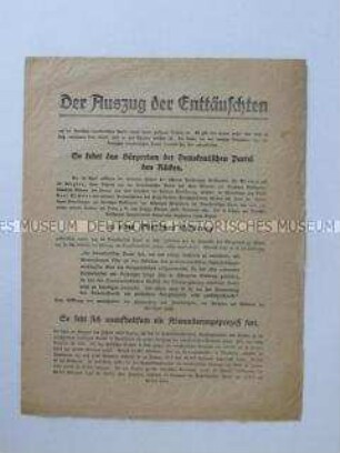 Propagandaflugblatt der DVP mit Mitgliederwerbung angesichts massenhafter Austritte aus der DDP