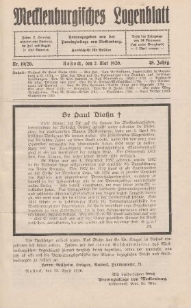 Nr. 19/20. Rostock, den 2. Mai 1920.