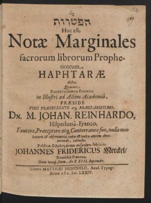 [...] Hoc est, Notae Marginales sacrorum librorum Propheticorum, Haphtarae dictae