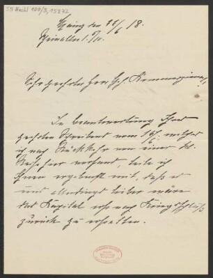 Brief an Ludwig Strecker  und B. Schott's Söhne : 22.06.1918