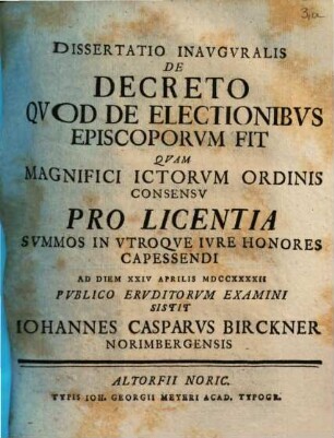 Dissertatio Inavgvralis De Decreto Qvod De Electionibvs Episcoporvm fit