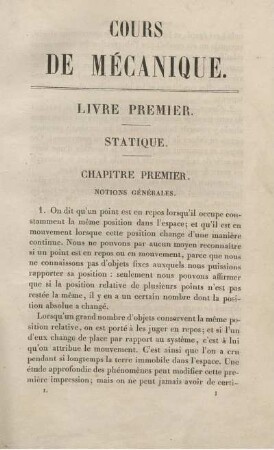 Cours de Mécanique. Livre Premier Statique.