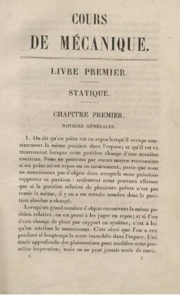 Cours de Mécanique. Livre Premier Statique.
