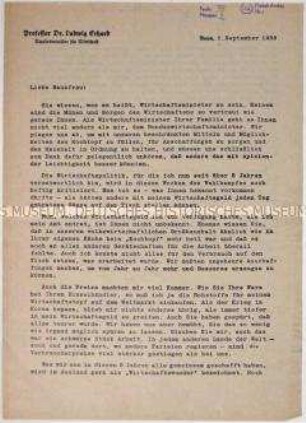 Offener Brief von Wirtschaftsminister Ludwig Erhard an die Hausfrauen mit einem Aufruf zur Unterstützung bei der Bundestagswahl am 6. September 1953