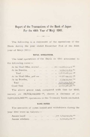 Report of the transactions of the Bank of Japan for the 44th year of Meiji (1911)