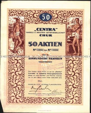 Sammelaktie der "Centra" Handels- & Industrie-Aktiengesellschaft über 50 Aktien zu je 100 Schweizer Franken, mit Kupons