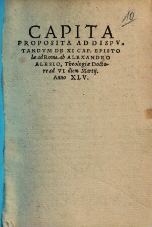 Capita proposita ad disputandum de XI cap. epistolae ad Roma