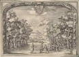 Bühnenbild zur Oper "La Caduta del Regno dell’Amazzoni" (erster Akt, Szene 3: Landschaft bei Sonnenaufgang mit Herkules und sarmatischen Kriegern), aus der 1690 in Rom publizierten Edition des Librettos