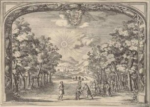 Bühnenbild zur Oper "La Caduta del Regno dell’Amazzoni" (erster Akt, Szene 3: Landschaft bei Sonnenaufgang mit Herkules und sarmatischen Kriegern), aus der 1690 in Rom publizierten Edition des Librettos