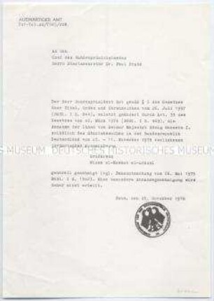 Genehmigung zur Annahme des Sterns von Jordanien (Wisam al-Kawkab al-urduni)
