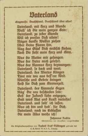 Vaterland - Singweise: Deutschland, Deutschland über alles!