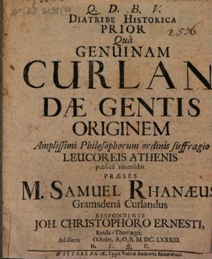 Diatribe historica prior, qua genuinam Curlandae gentis originem