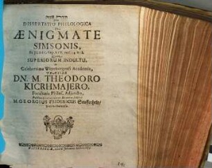 Ḥîdat Šimšon Sive Dissertatio Philologica De Aenigmate Simsonis : Ex Iudic. cap. XIV. vers. 14. & 18.