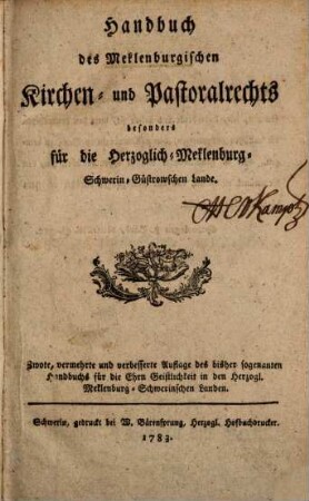 Handbuch des Meklenburgischen Kirchen- und Pastoralrechts besonders für die Harz-Mekl. Schwerin-Güstrowschen Lande