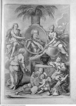 Recueil des marbres antiques qui se trouvent dans la galerie du roy de Pologne à DresdenTitelblatt mit Allegorien und dem Bildnis König August II. von Polen - Allegor. Titeldarst. m.d. Bildnis des Königs August II. von Polen